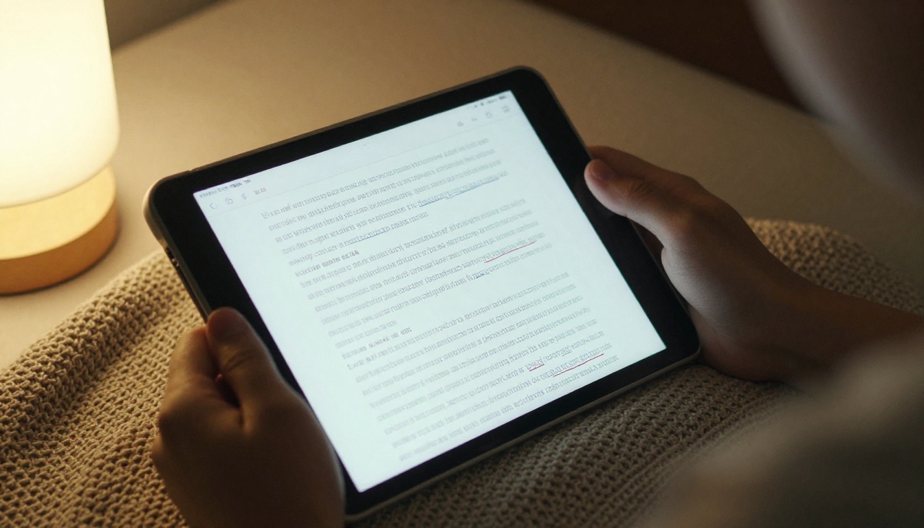 Person reading a document with enlarged text on a tablet at home