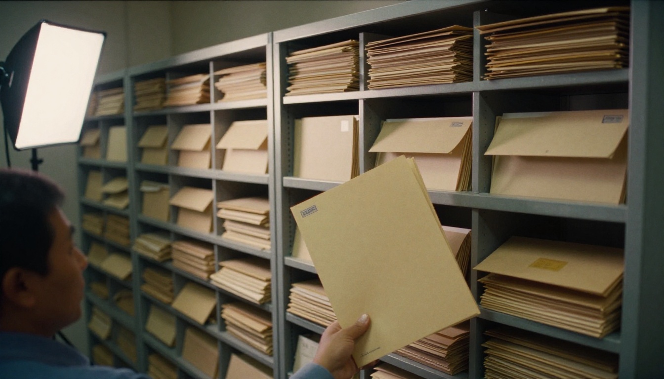 Tall steel cabinet of archived paper folders in a records room