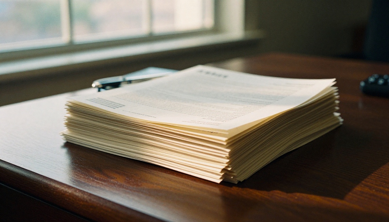 Stack of US Letter size reports on a walnut desk