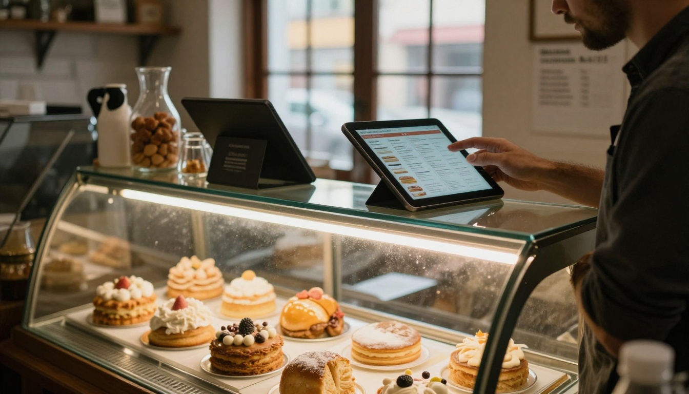 A bakery owner showing a digital menu on a tablet A bakery owner showing a digital menu on a tablet