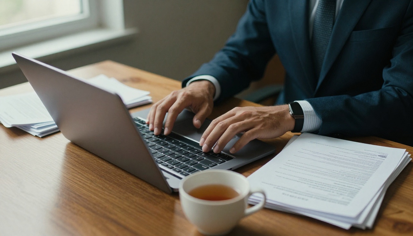 Administrator typing next to a stack of course packets and a cup of tea