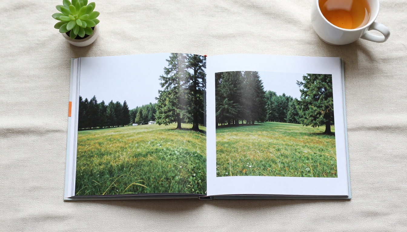 Square photo book open on a linen cloth