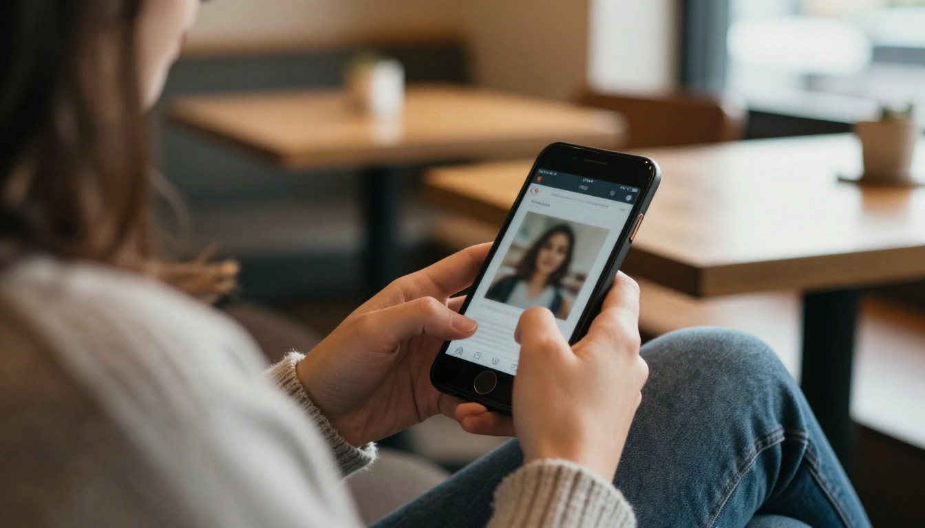 Person reading a flipbook on a smartphone in a cafe