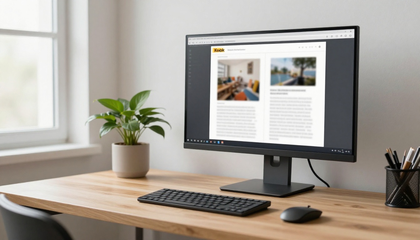 Monitor showing a two-page spread flipbook in a home office