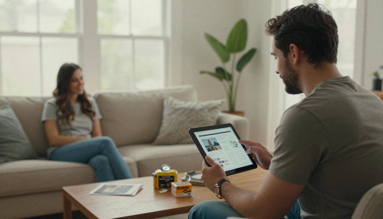 A real estate agent presenting a digital brochure to a couple A real estate agent presenting a digital brochure to a couple