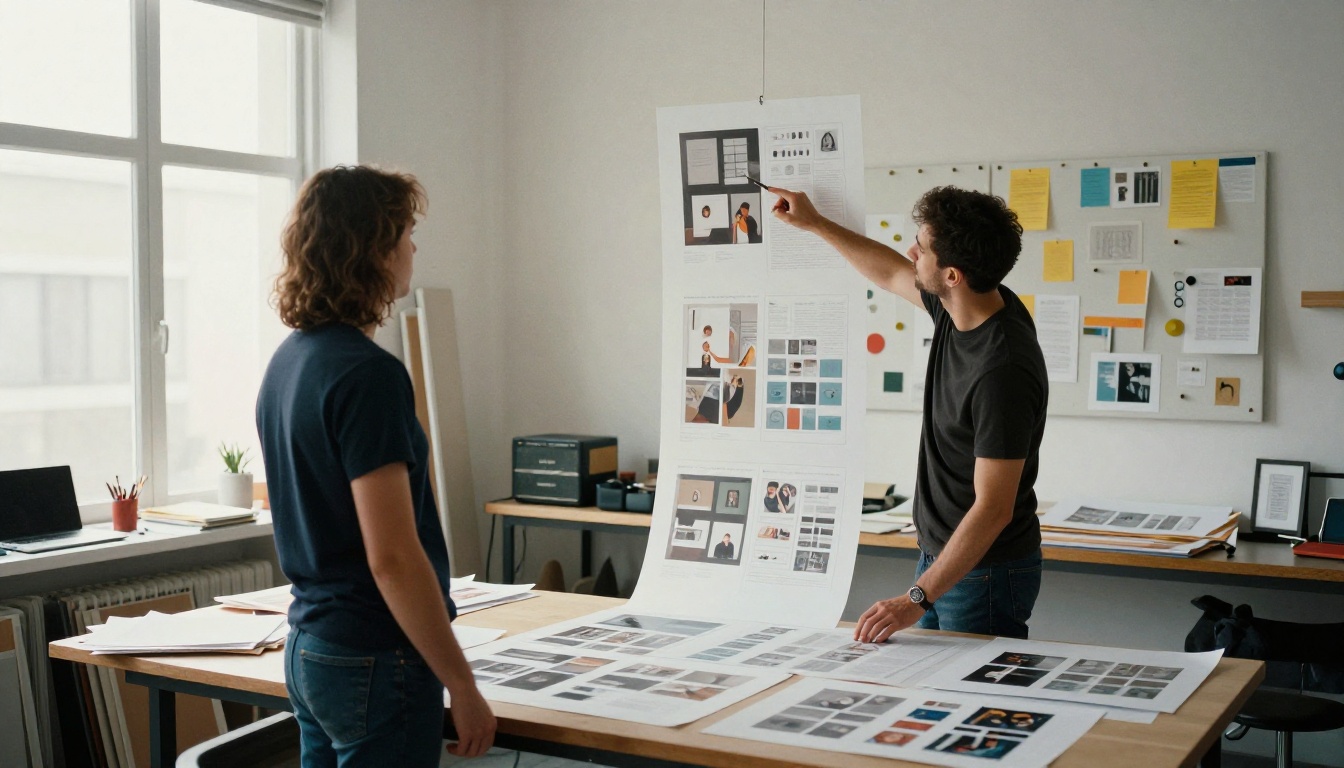 Two designers comparing printed layout proofs