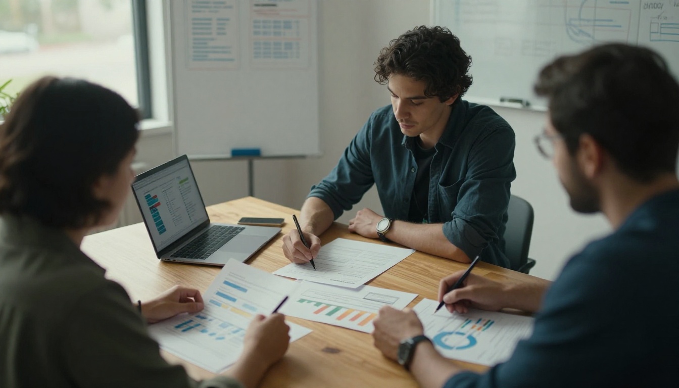 Small business owners reviewing charts at a meeting table Small business owners reviewing charts at a meeting table