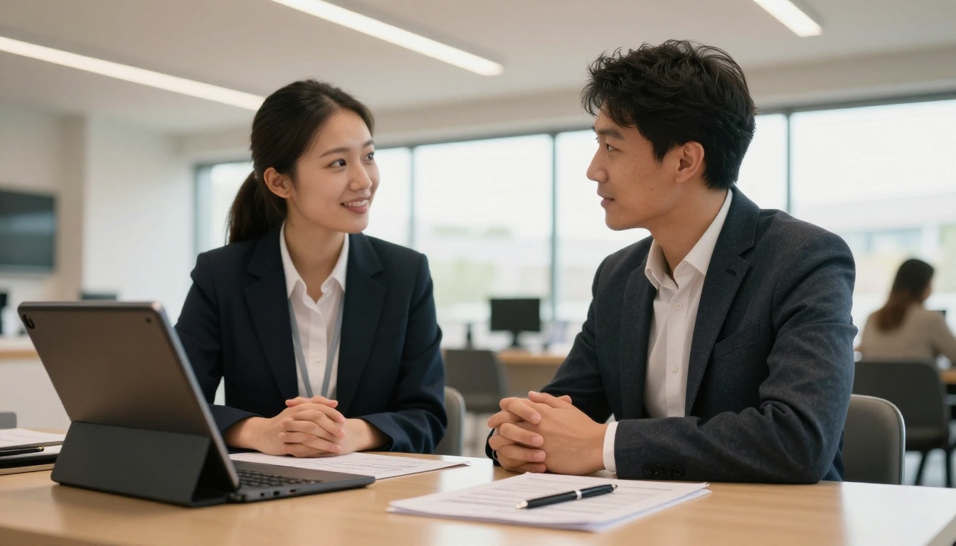 Sales representative and client reviewing a digital catalog on a tablet