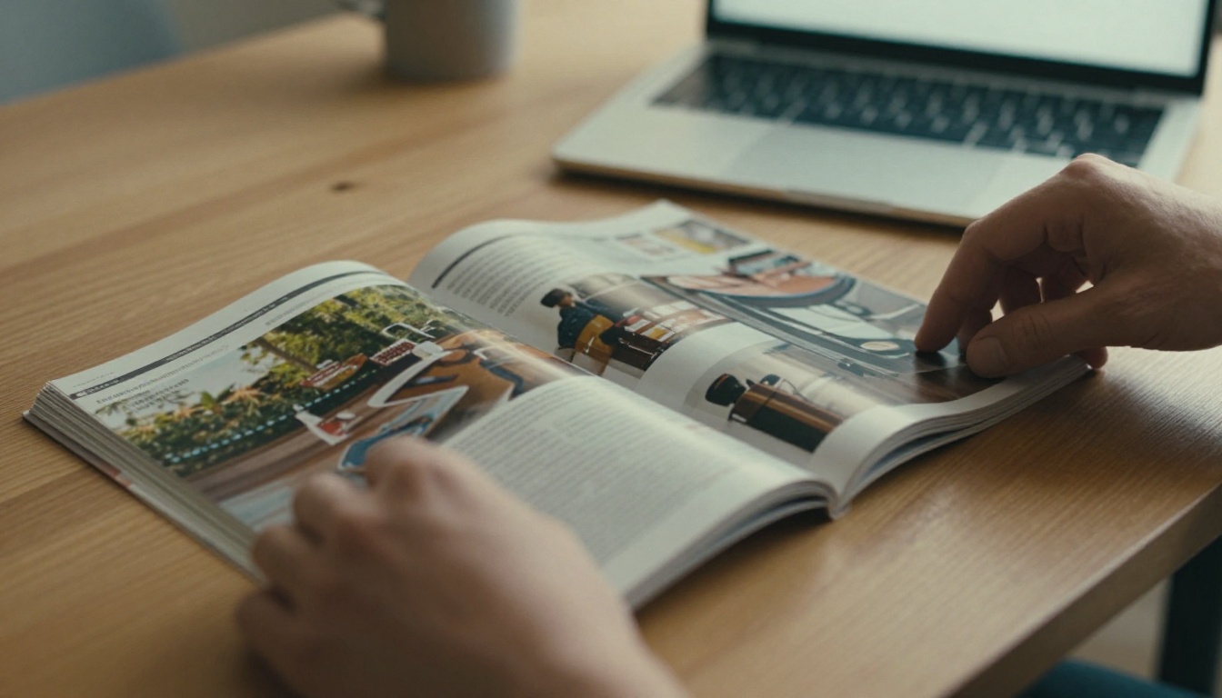 A hand turning a page of a printed magazine beside a laptop A hand turning a page of a printed magazine beside a laptop