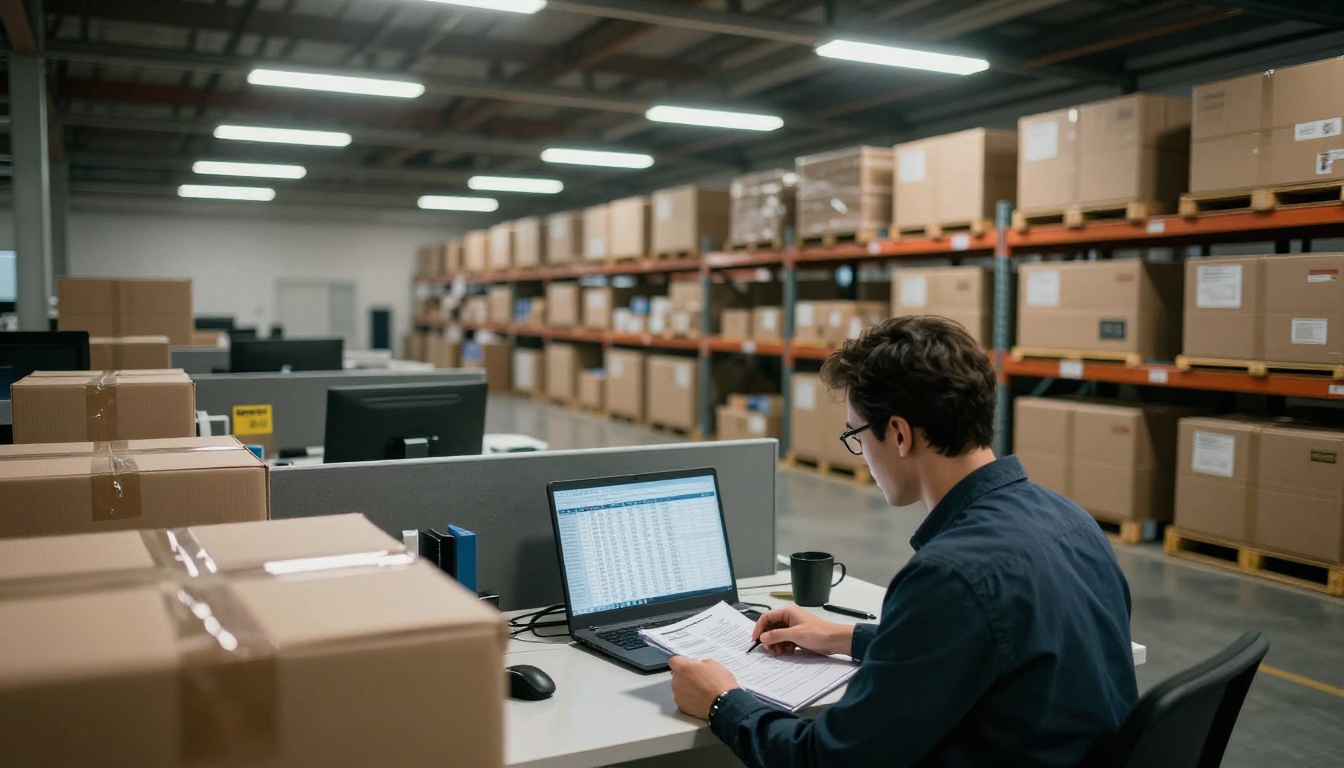 Wholesale manager reviewing price tiers at a desk in a warehouse office