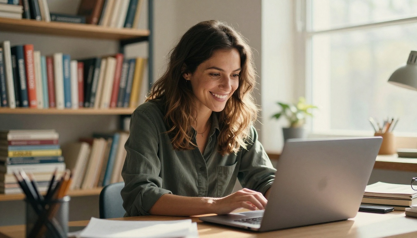 A woman entrepreneur smiling at her laptop in a sunlit studio A woman entrepreneur smiling at her laptop in a sunlit studio