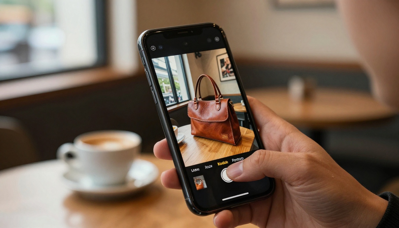 Hands holding a smartphone showing a digital catalog page in a cafe