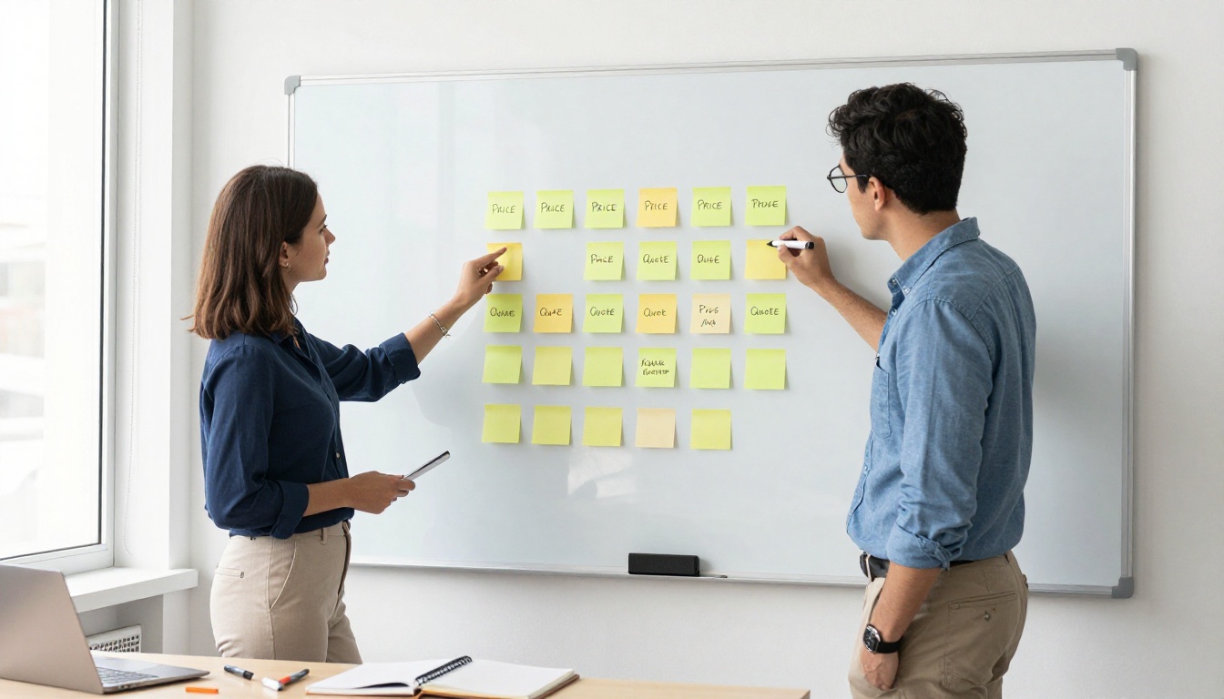 Two business partners comparing price and quote notes on a whiteboard