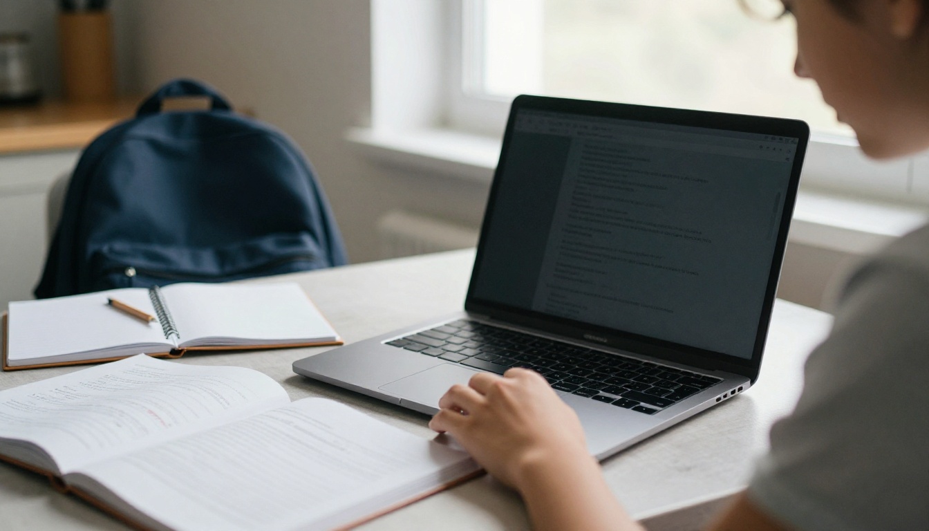 Student opening an assignment on a laptop at a kitchen table Student opening an assignment on a laptop at a kitchen table