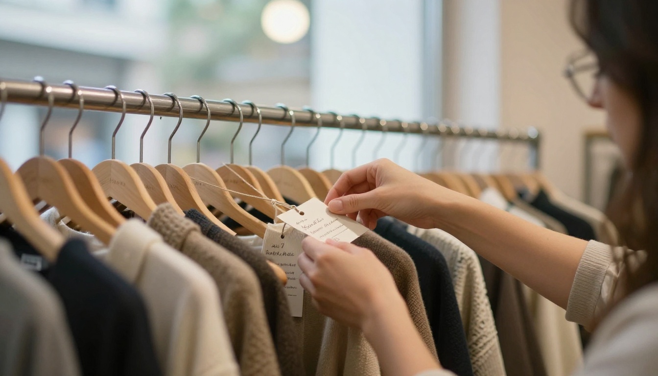 Fashion boutique rack with handwritten price tags on garments