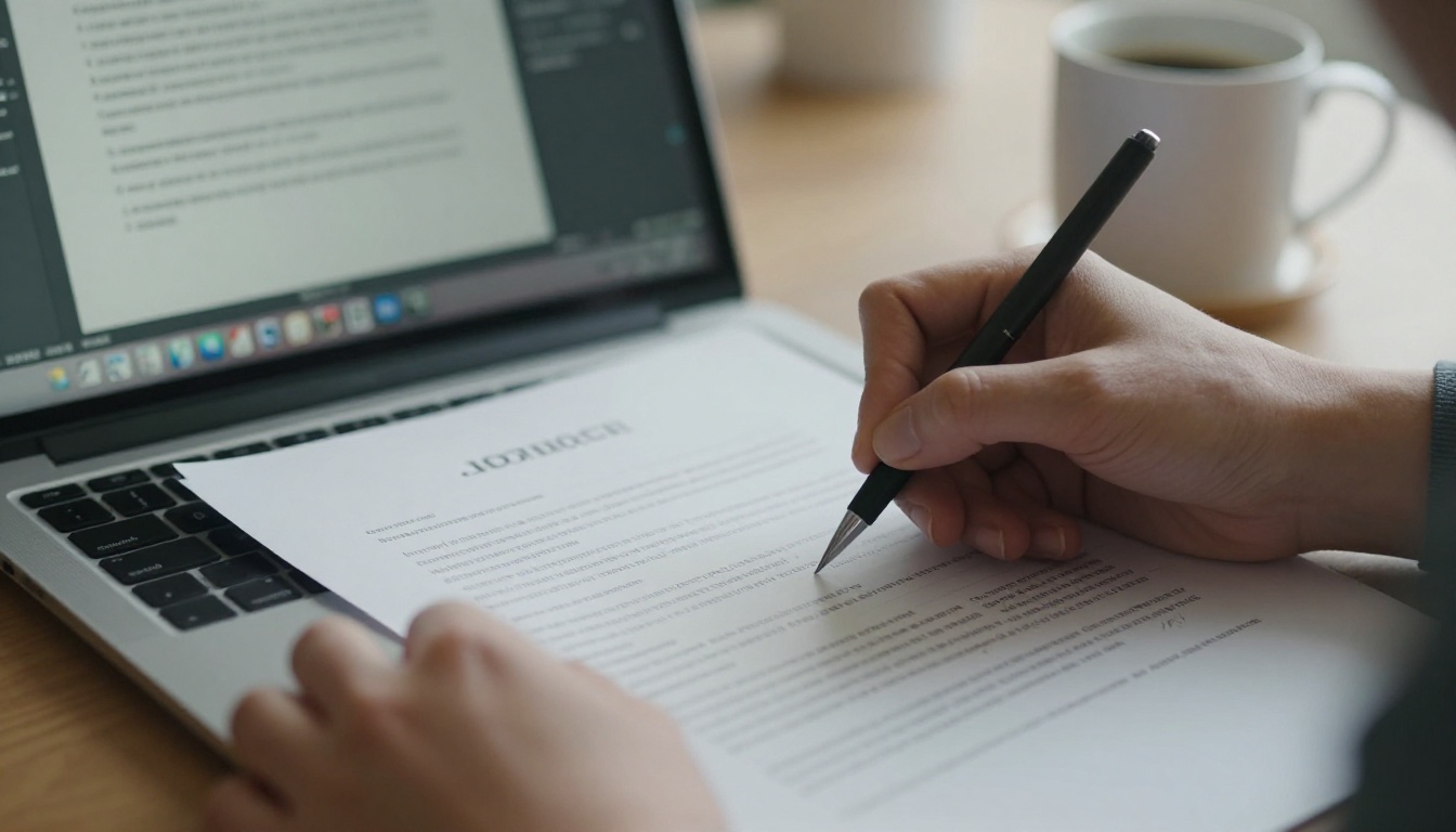 Close-up of hands signing a licensing agreement beside a laptop