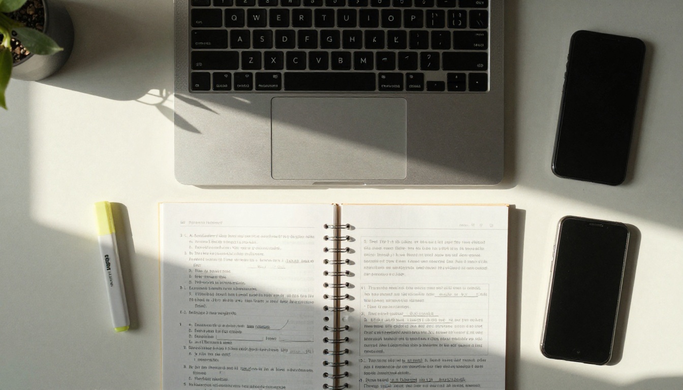 Aerial view of a desk with a laptop and printed worksheets Aerial view of a desk with a laptop and printed worksheets