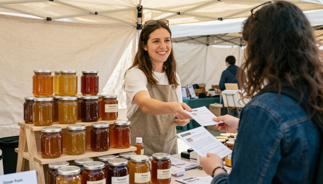 Artisan market stall with a printed catalog card and a vendor handing a brochure to a customer