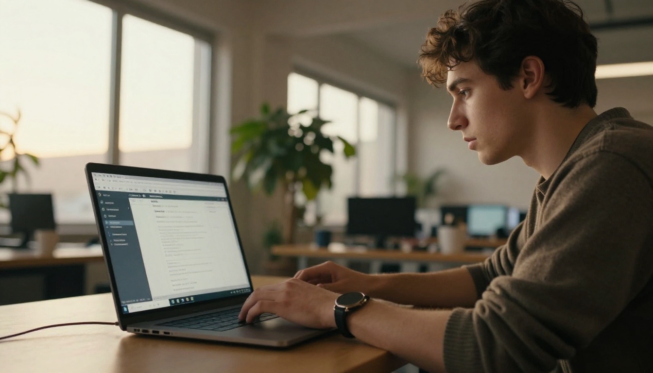 Young man customizing a template layout on a laptop in a coworking space