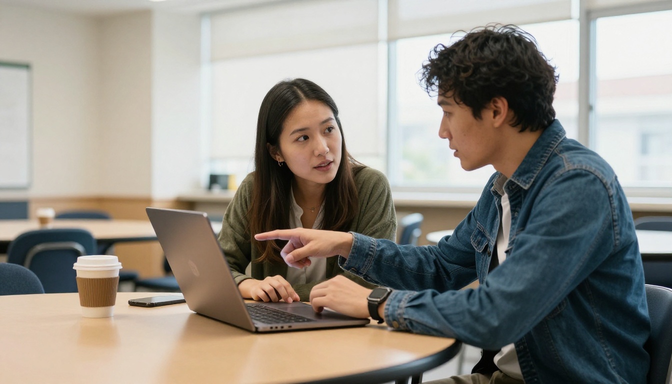 Two teachers reviewing sharing settings on a laptop in a staff room Two teachers reviewing sharing settings on a laptop in a staff room