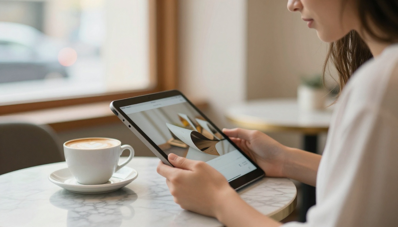 Woman holding a tablet showing a digital flipbook in a cafe