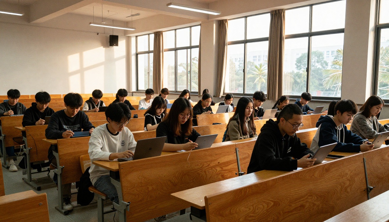 University lecture hall where students use laptops and tablets University lecture hall where students use laptops and tablets