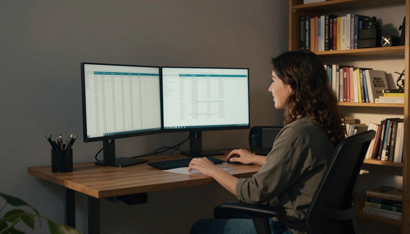 Wide shot of a home office with sales numbers on dual monitors
