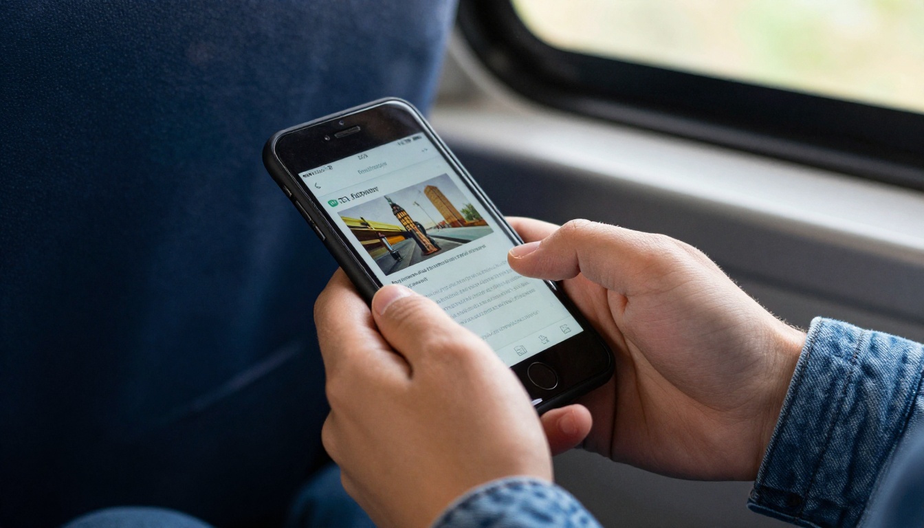 Student reading a document on a phone during a bus ride Student reading a document on a phone during a bus ride