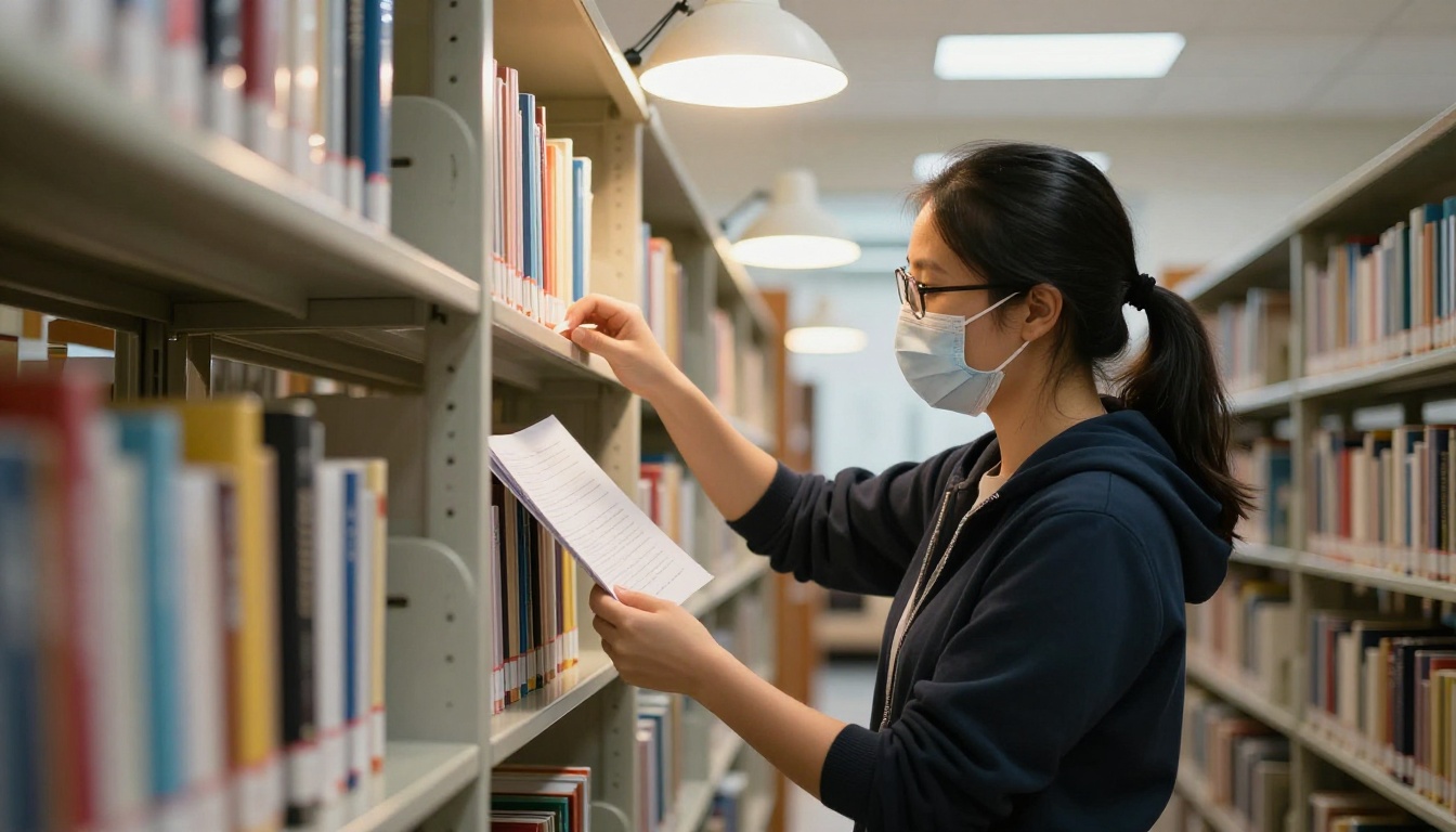 Librarian arranging printed course packets on a shelf Librarian arranging printed course packets on a shelf