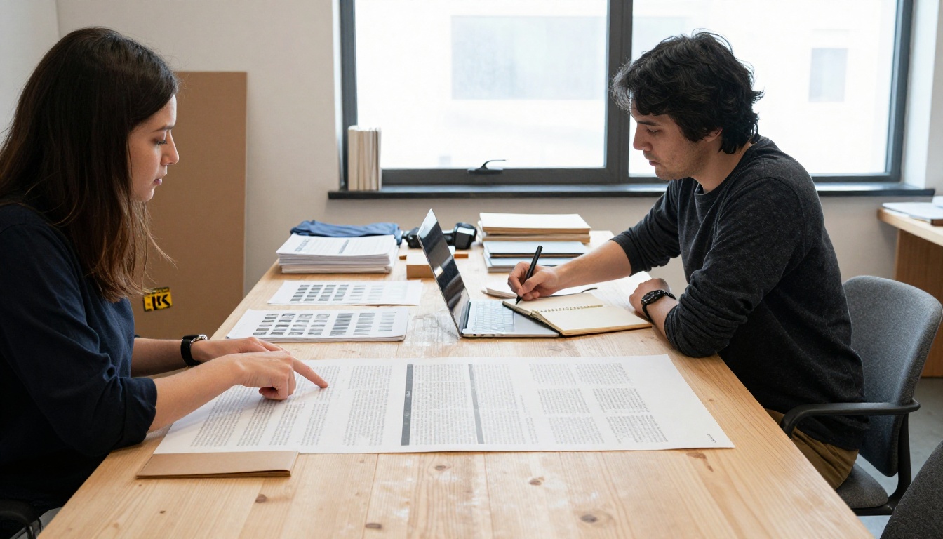 Two creators reviewing a printed ebook page proof at a wooden table