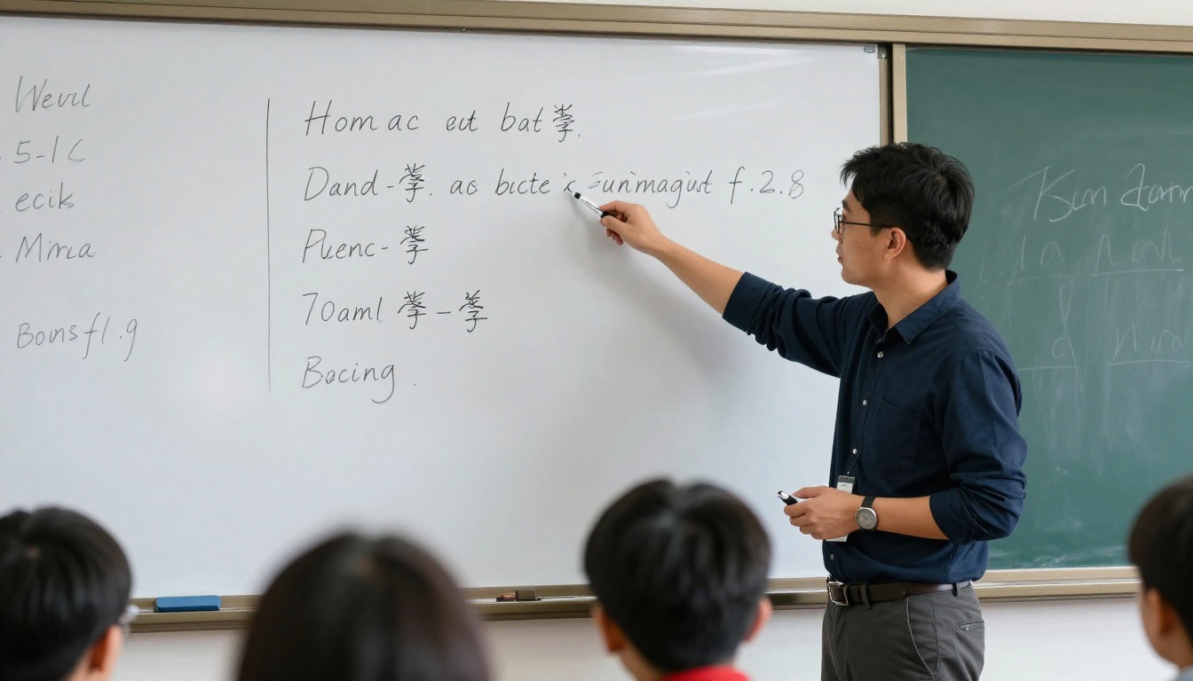 Teacher at a whiteboard reviewing a handwritten checklist with students Teacher at a whiteboard reviewing a handwritten checklist with students