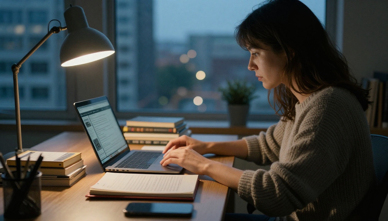 Woman finishing work at a window desk at dusk beside a stack of printed ebooks