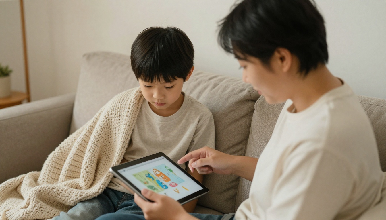 Parent and child reading a digital book together on a tablet Parent and child reading a digital book together on a tablet
