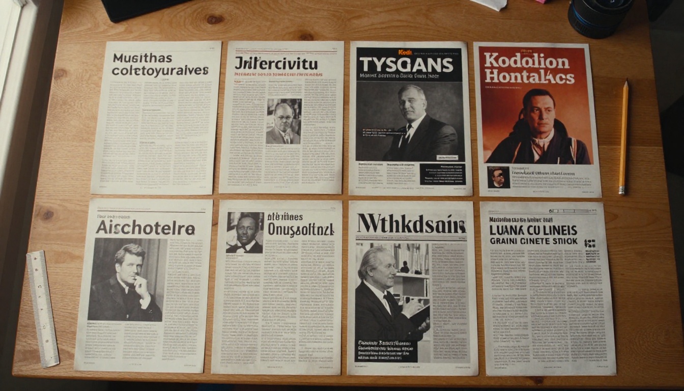 Aerial view of four newsletters of different thickness on a wooden desk