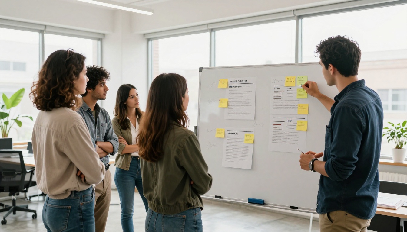 Team planning newsletter sections on a whiteboard with sticky notes