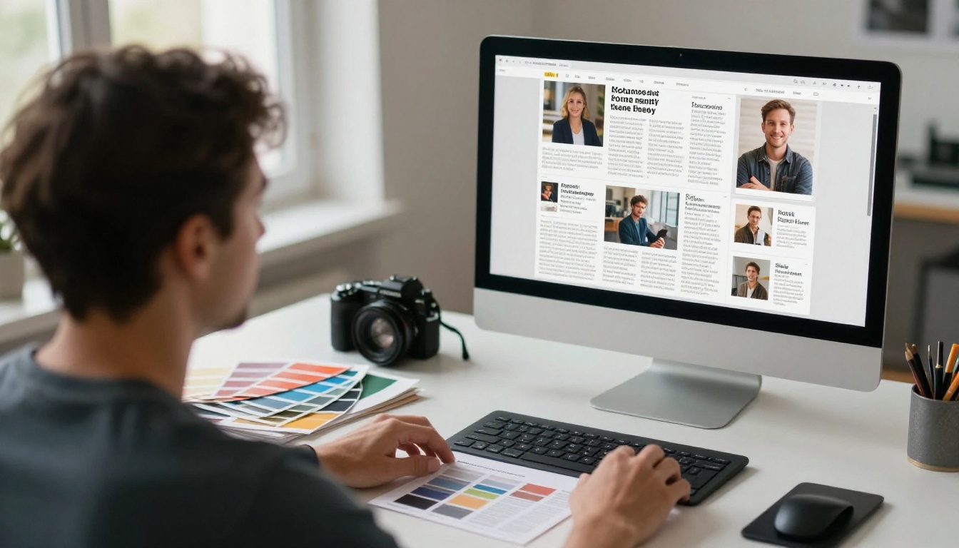 Designer arranging a newsletter layout on a large monitor