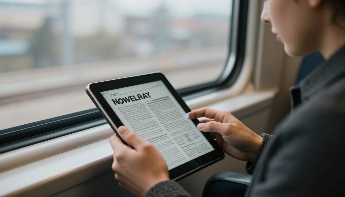 Commuter reading a newsletter on a tablet on a train