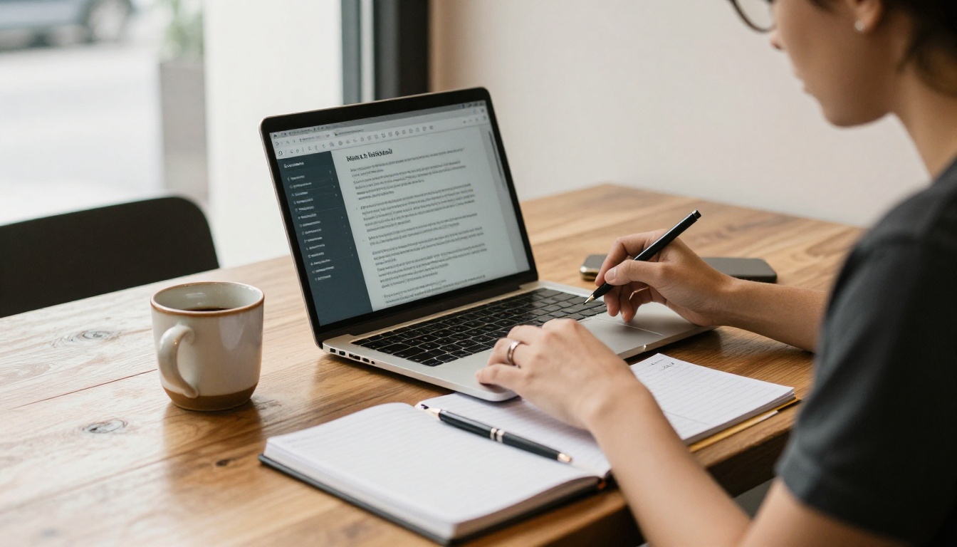 Writer drafting newsletter content at a cafe table