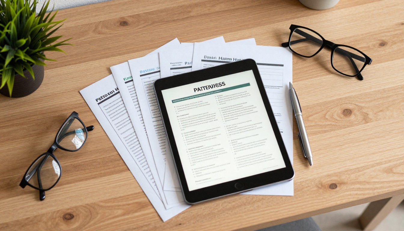 Aerial view of printed patient handouts and a tablet on a desk