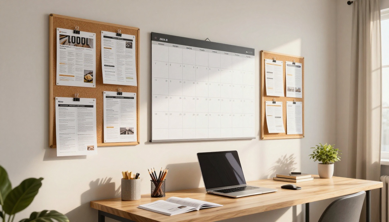 Wide shot of a home office with a wall calendar and newsletter proofs