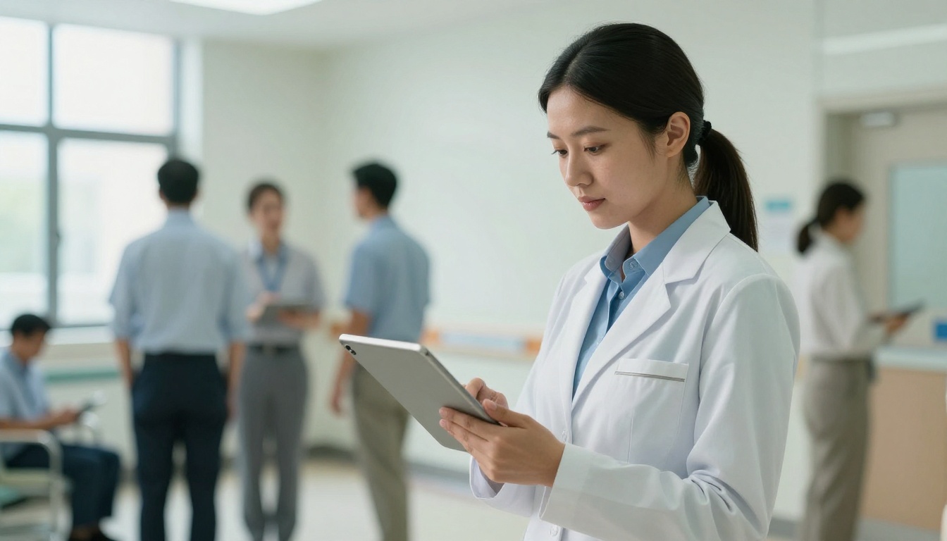 Compliance officer holding a tablet in a hospital corridor