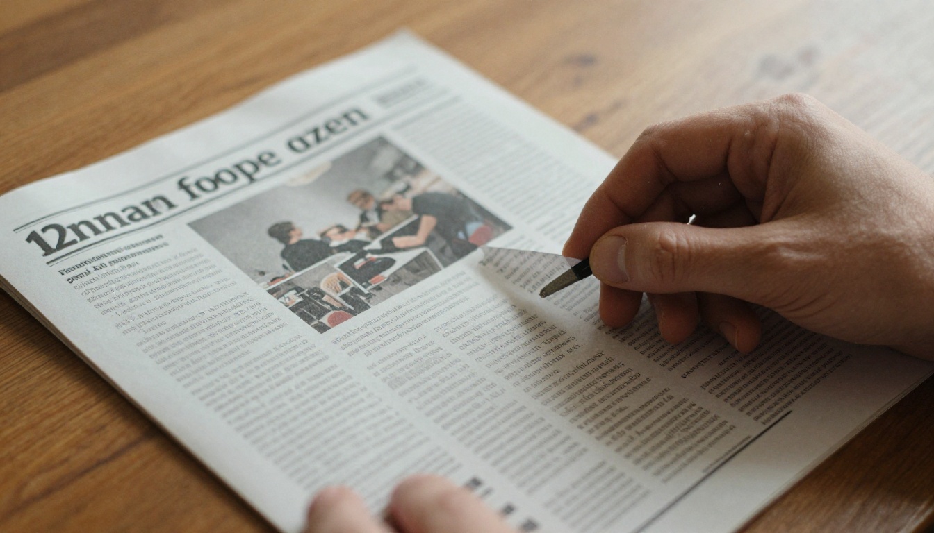 Hand turning the page of a thick twelve page printed newsletter