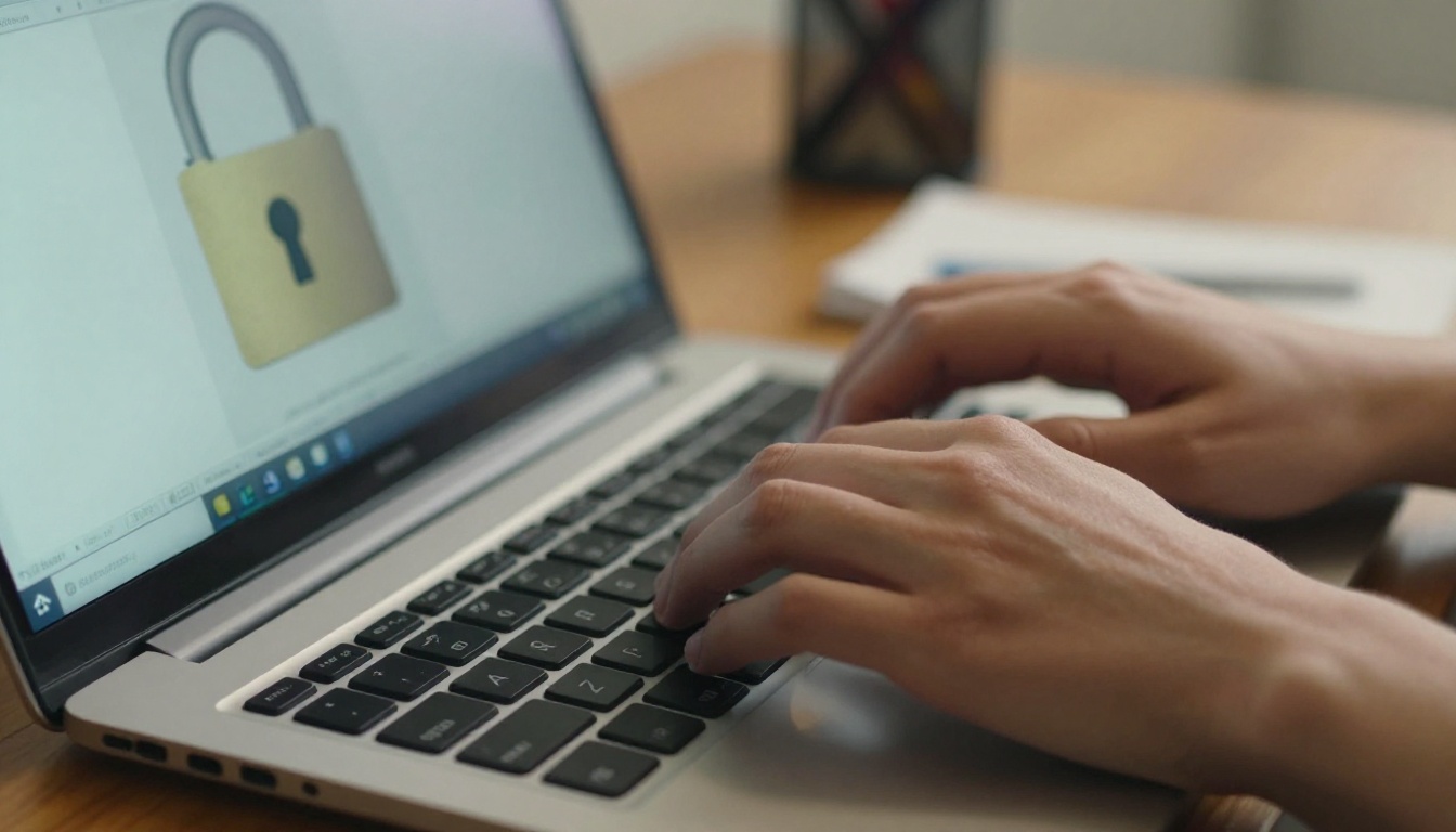 Hands typing on a laptop with a padlock sticker