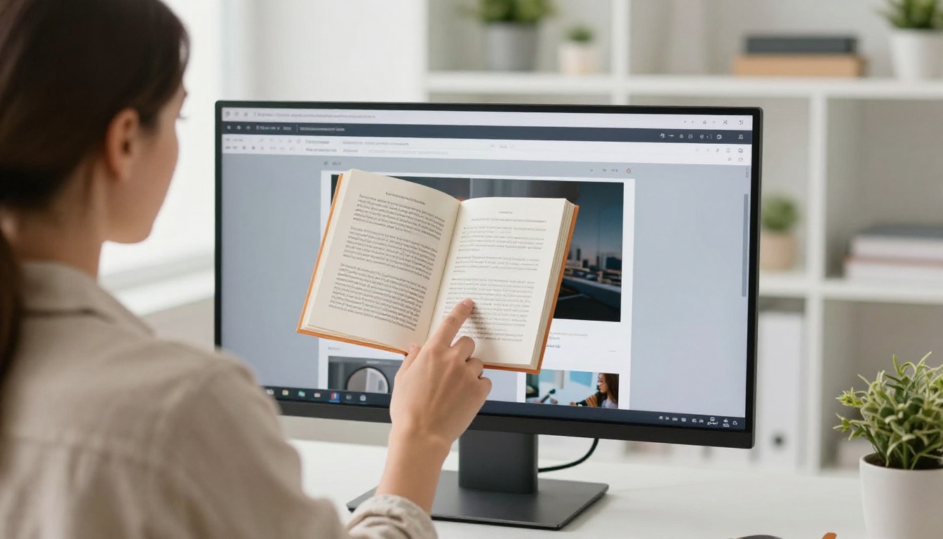 Woman reviewing a digital booklet on a monitor