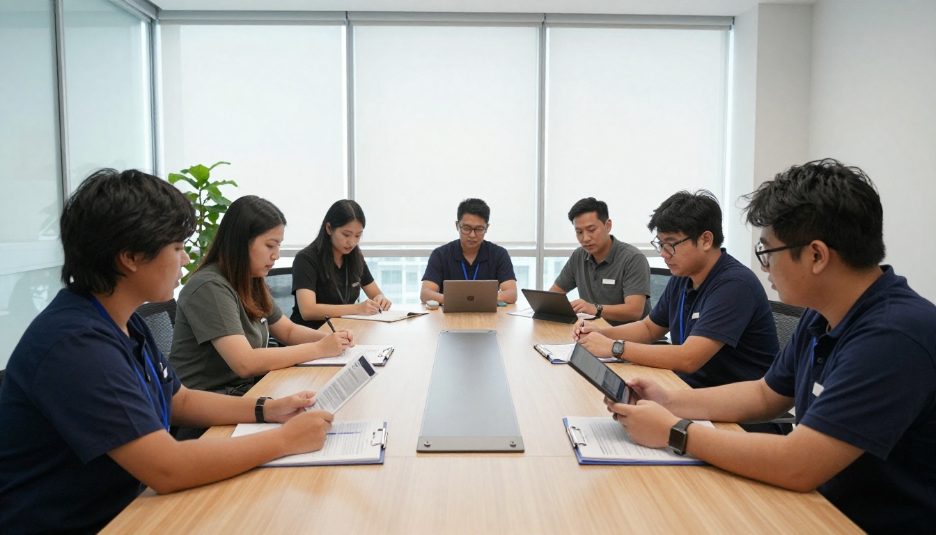 Clinic team reviewing policies around a conference table