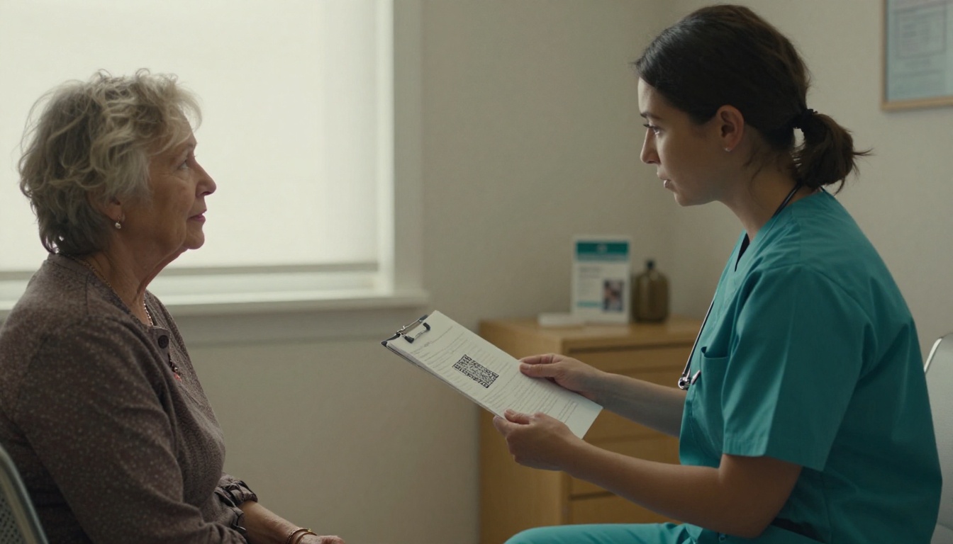 Nurse handing a folder with a QR code to a senior patient
