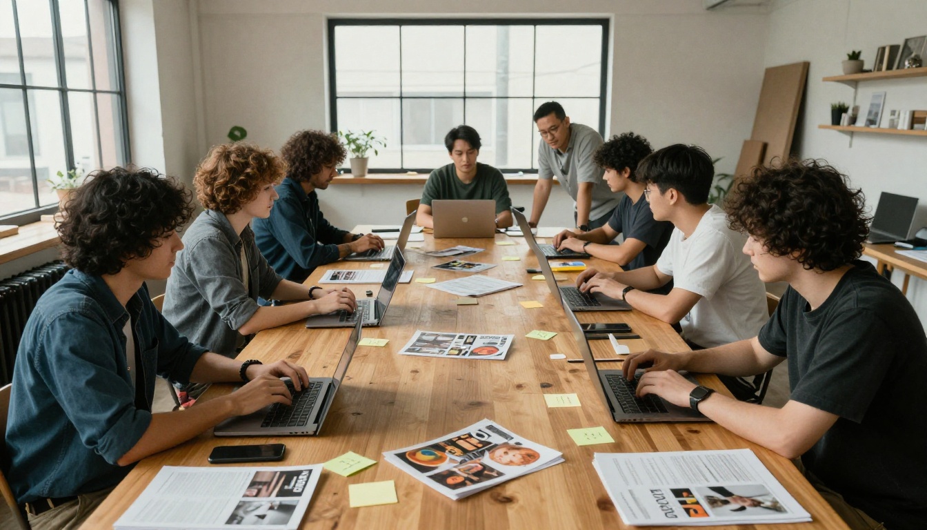 Team meeting around a table with catalogs