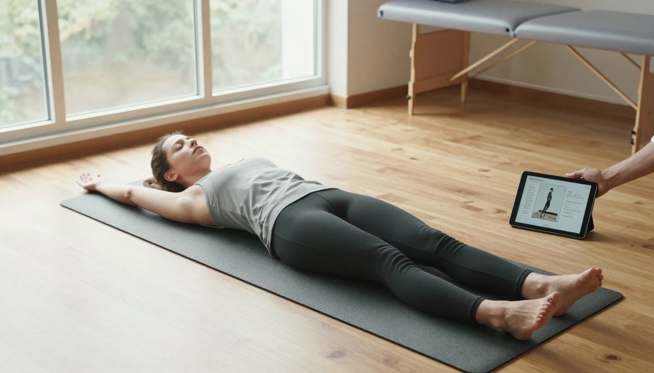 Physical therapist demonstrating an exercise with a tablet showing a digital handout