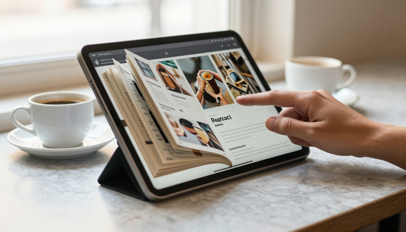 Tablet showing an open digital catalog on a cafe table