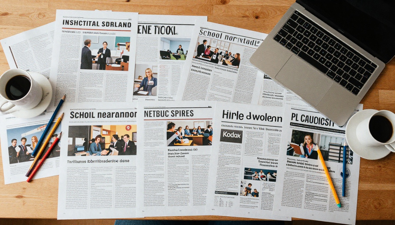 Teacher desk covered with printed newsletters